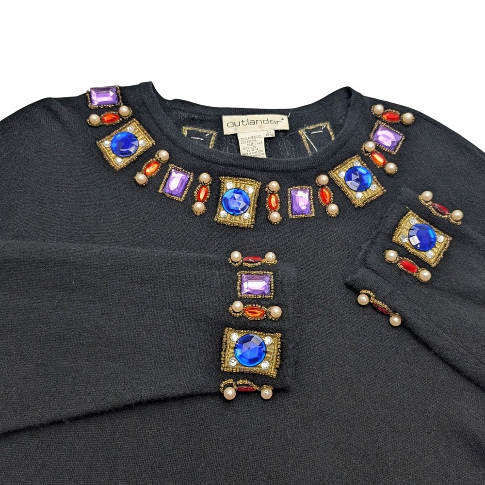 Vintage Outlander Sweater Womens 2+ Black Lambswool Angora Beaded Shoulderโ Pads